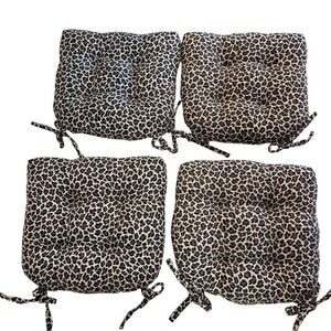 Leopard Print Chair Pads Set of 4 Tan Black Tufted Animal Print Ties 16" x 16"